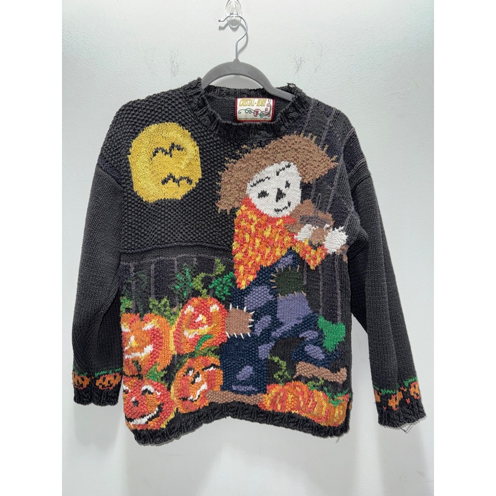 Vintage 90s Crystal Kobe Halloween Sweater M Scarecrow Pumpkin Fiddle Knit